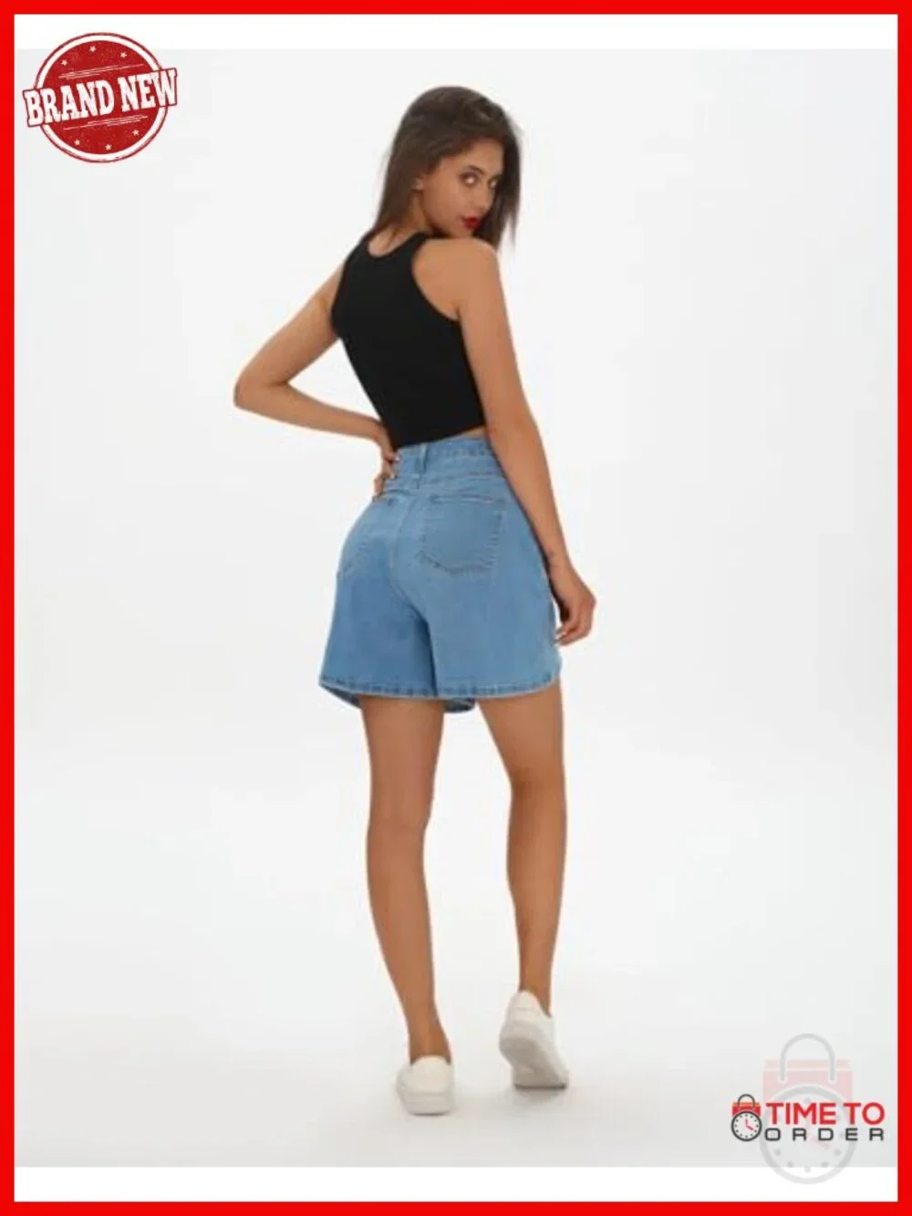 High Waisted Wide Leg Denim Jean Shorts with Bloomer Detail Stretchy Loose Fit
